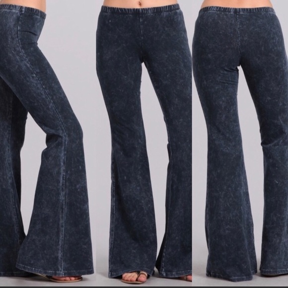 Blue Denim Mineral Wash Bell Bottom Leggings - Picture 2 of 3